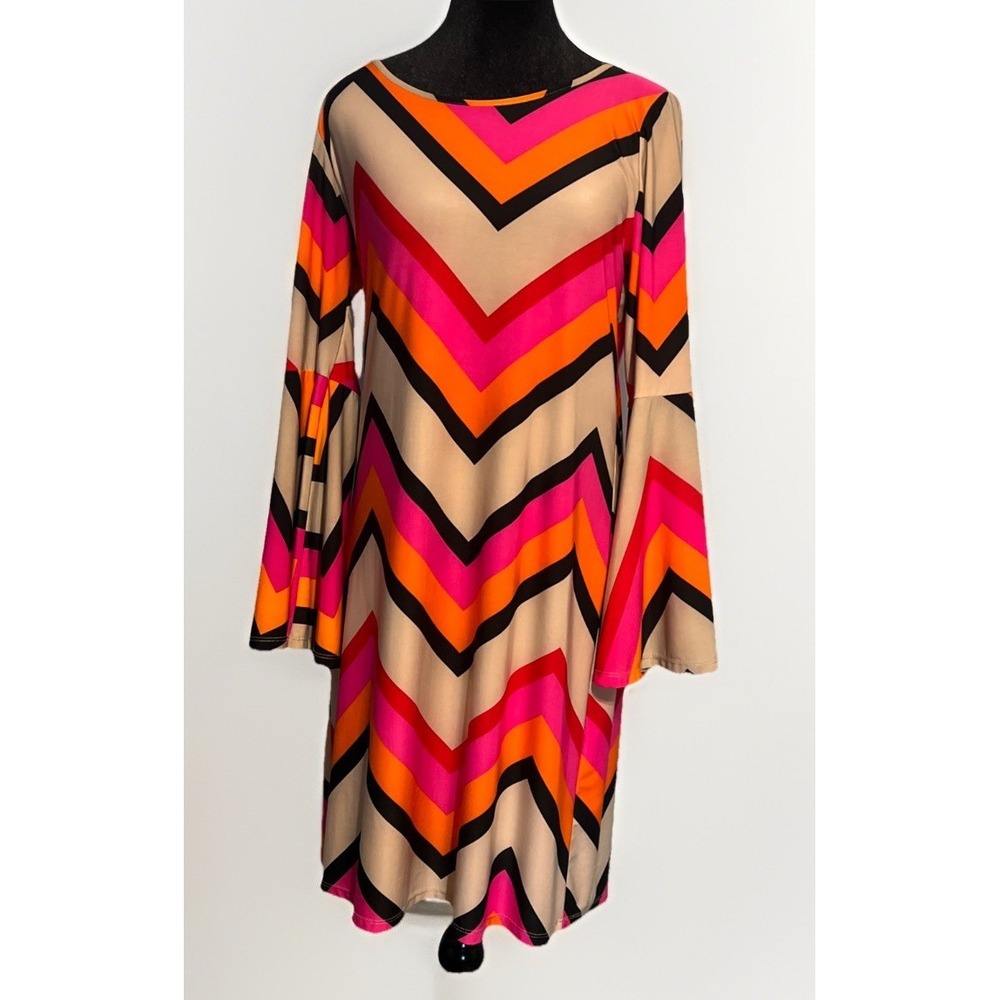 Tacera Geometric Orange Pink Midi Dress Quarter Sleeve Sz Petite M 70' s Hippie